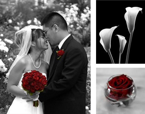 Three pictures: Married couple with bride holding flowers, flowers and rose in glass bowl